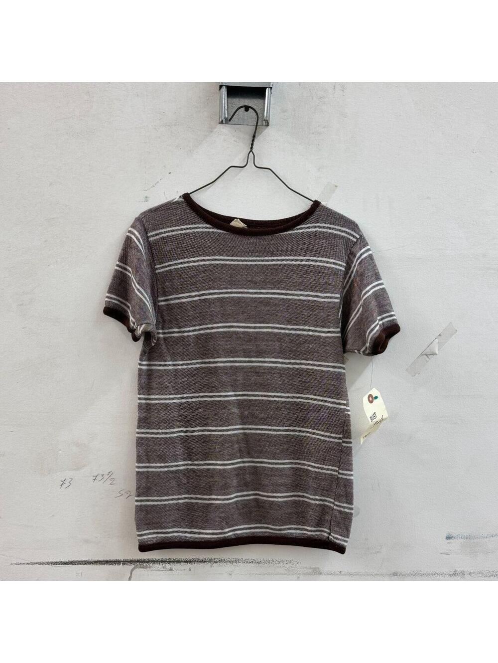 Vintage 1970s Chocolate Brown & Cream Striped Ringer Knit T-Shirt